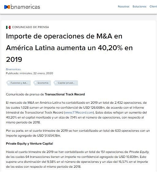 Importe de operaciones de M&A en Amrica Latina aumenta un 40,20% en 2019